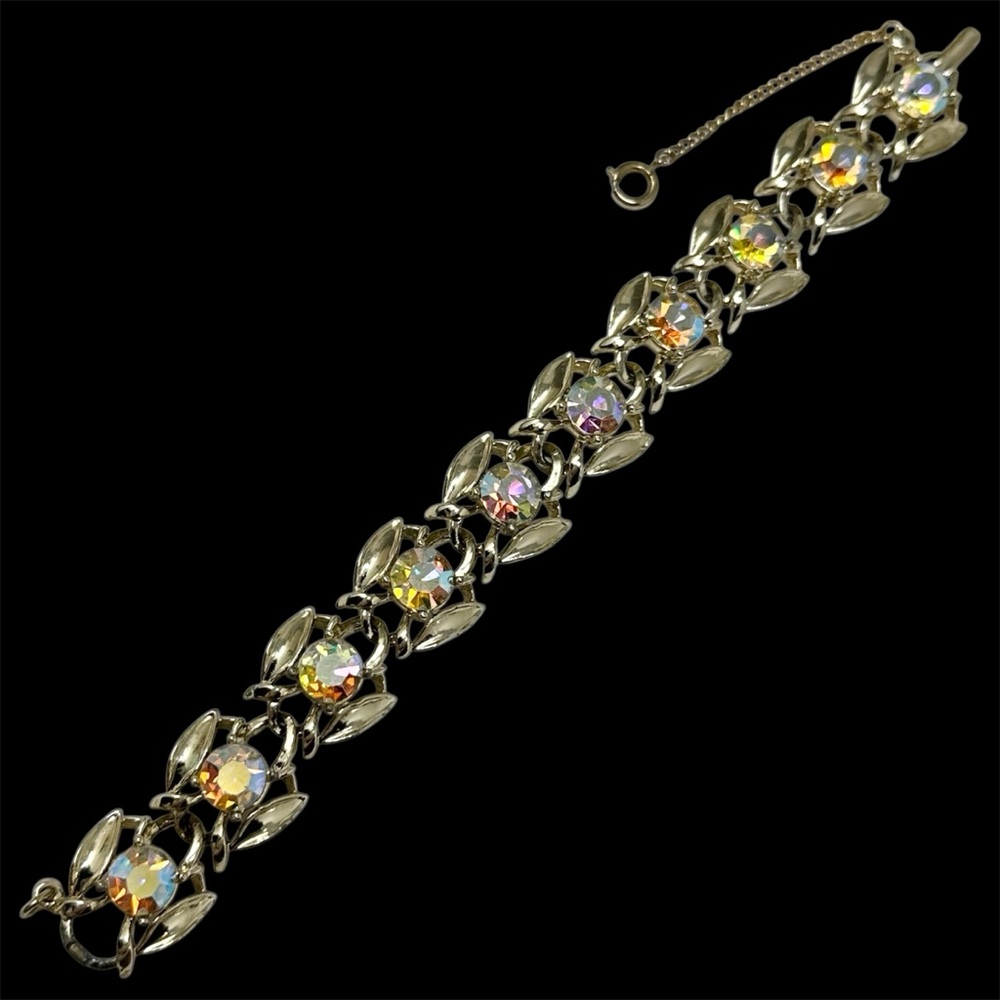 60s Vintage AB Rhinestone Gold Tone Clasp Bracelet